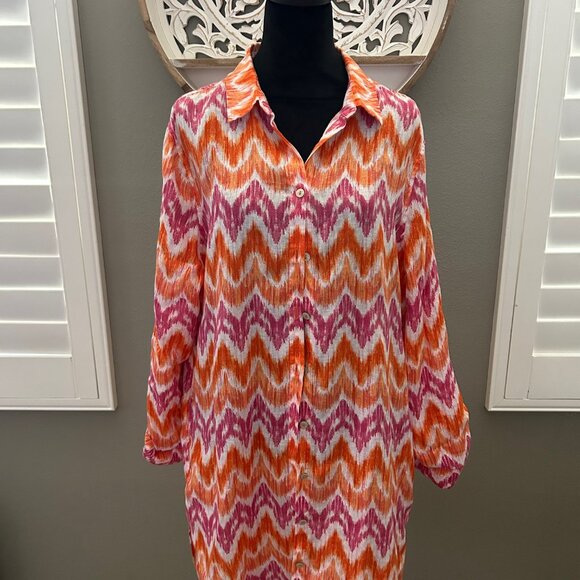 CHICO'S Womens Multicolor Linen Tunic Long Sleeve No Iron Shirt Dress SZ3/US XL - Picture 1 of 7